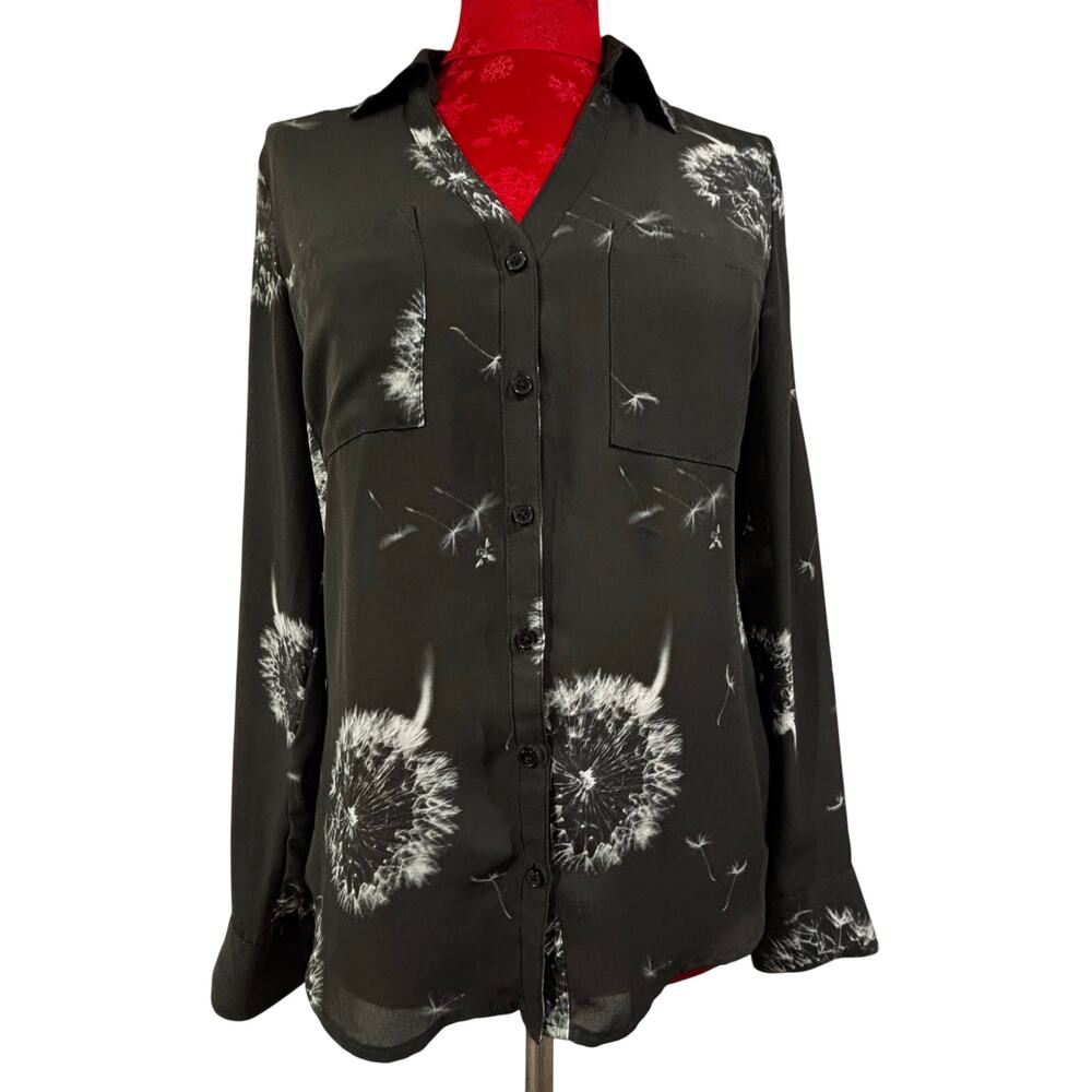 Express black & white blouse silky Size S career top front pockets long sleeves